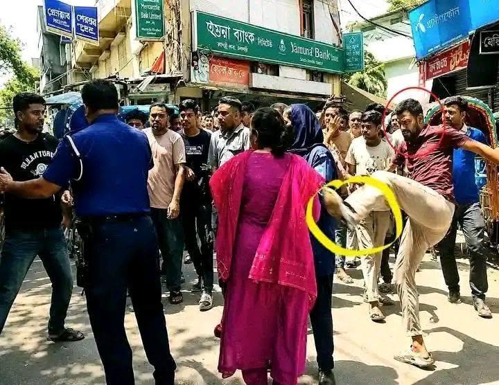 পুলিশের সামনে নারীকে লাথি, ভিডিও নিয়ে যা জানা গেল